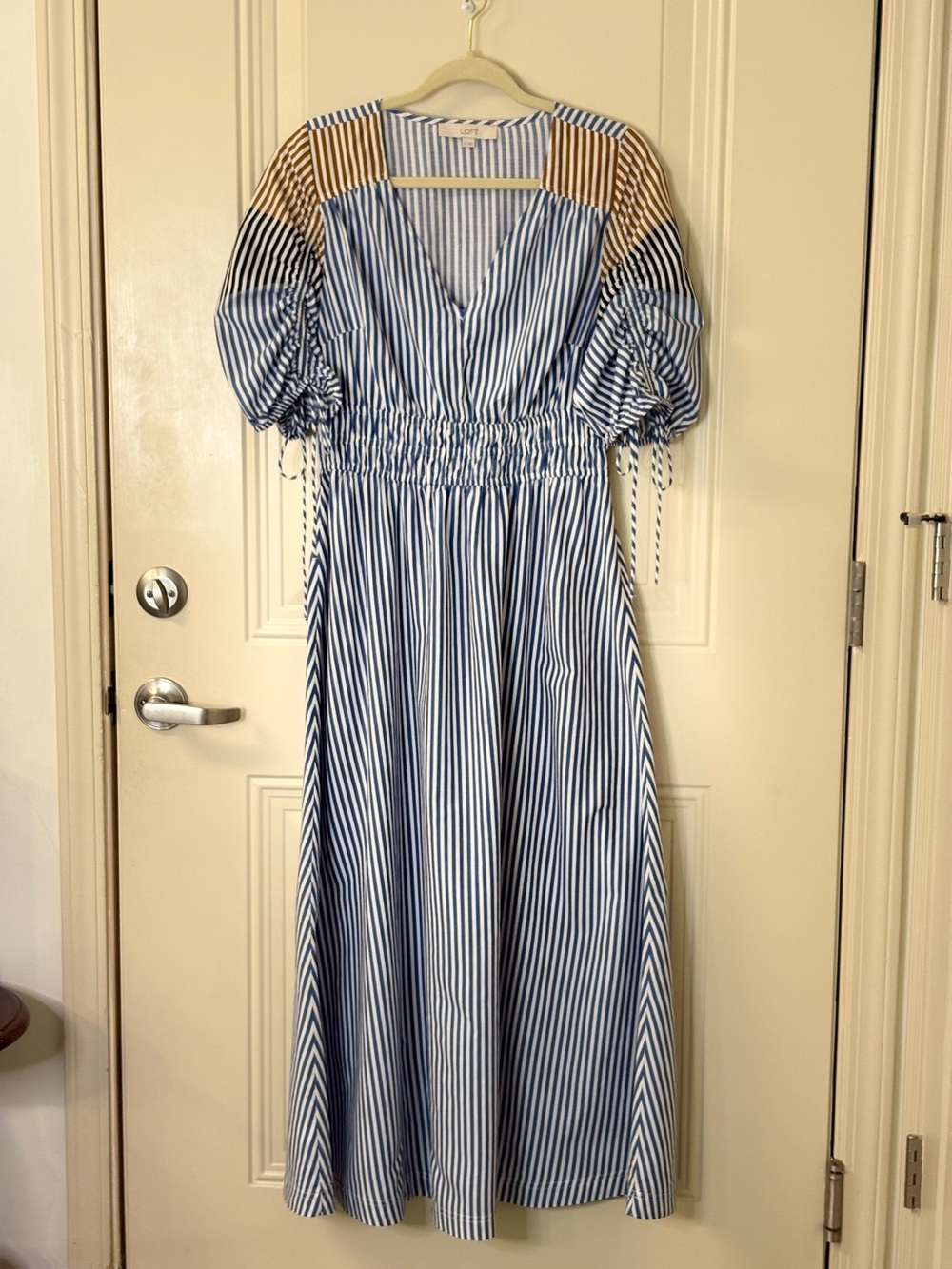 LOFT Blue and White Striped Maxi Dress with Tan Shoulder Panels SZ MED EUC